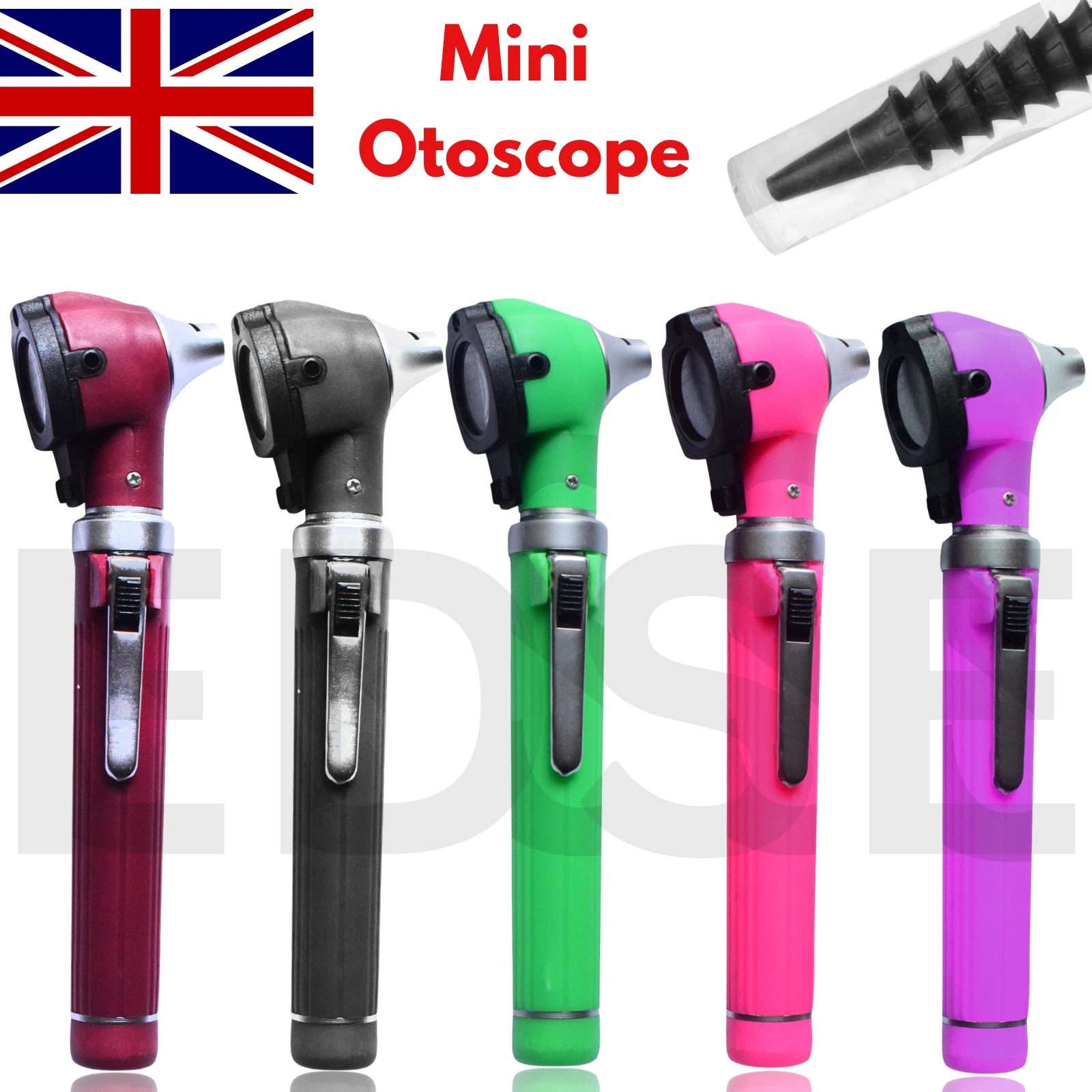 EDSE mini fibre optic pocket otoscope with LED illumination, shown in all available colours